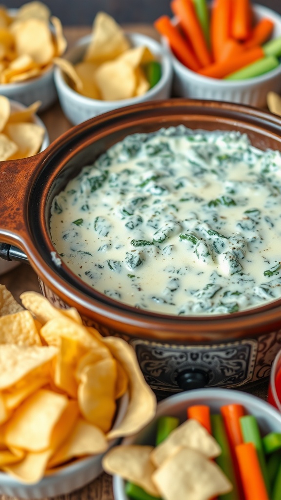 A creamy spinach dip in a crockpot with tortilla chips and vegetables around it.